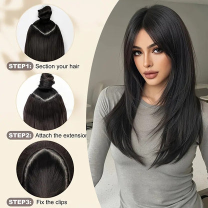 Alongamento de Cabelo Sintético de 22 Polegadas em Formato V, Longo e Liso, Peça de Cabelo em Camadas Natural Invisível para Uso Diário Feminino em Festas e no Dia a Dia