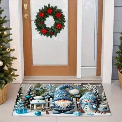 VIKAMA Christmas Gnome Blue Decorative Rug Living Room, Bedroom & Entrance Door Mat Non-Slip, Stain-Resistant Home Decor Rug