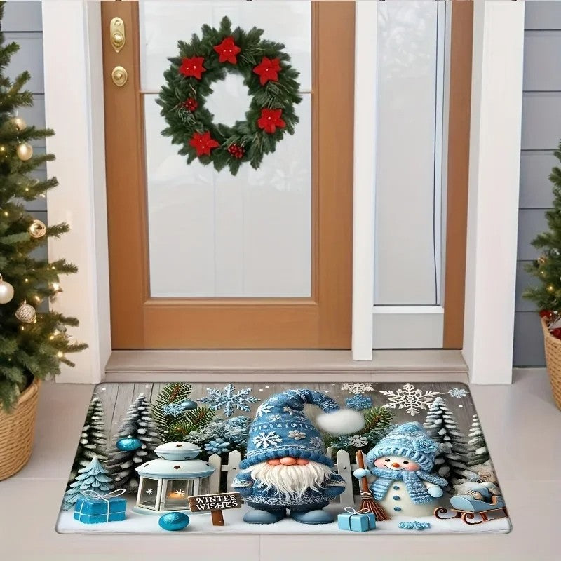 VIKAMA Christmas Gnome Blue Decorative Rug Living Room, Bedroom & Entrance Door Mat Non-Slip, Stain-Resistant Home Decor Rug