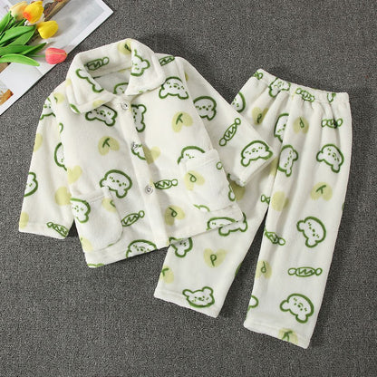 High Quality Coral Fleece Flannel Cute Cartoon Pattern Pajama Sets Boys and Girls Long Sleeve Warm Comfortable Winter Sleepwear