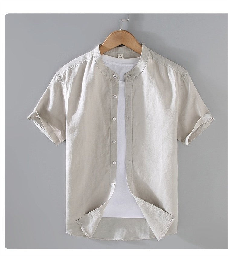 Cotton Linen Hot Sale Men's Short-Sleeved Shirts Summer Streetwear Plain Color Stand Collar Casual Beach Style Plus Size M-3XL