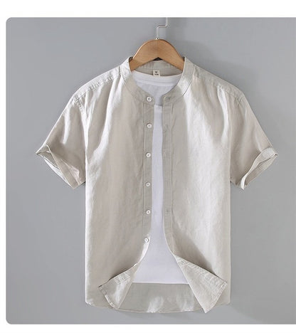 Cotton Linen Hot Sale Men's Short-Sleeved Shirts Summer Streetwear Plain Color Stand Collar Casual Beach Style Plus Size M-3XL