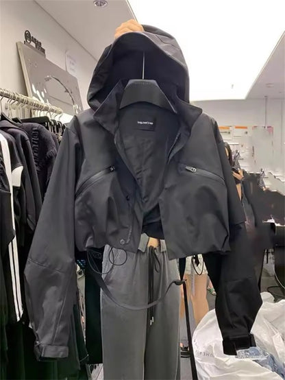 Fashion Short Hooded Jacket 2025 New Spring Black Loose Motorcycle Coats Female Street  Windbreak Short Basic Coat