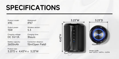 Ortizan X9S Caixa de Som Portátil Bluetooth, Som Alto HD com Reforço de Graves, Caixa de Som Sem Fio com Luz LED, À Prova D'água IPX7, Alto-falante de 15W