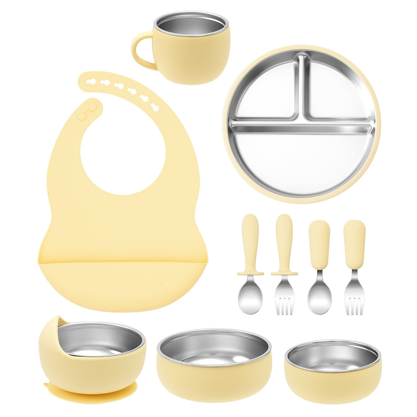 Color Kids 10PCS Infant Feeding Set Stainless Steel Silicone Tableware With Detachable Bowl Plate Bib Weaning Utensils For Baby