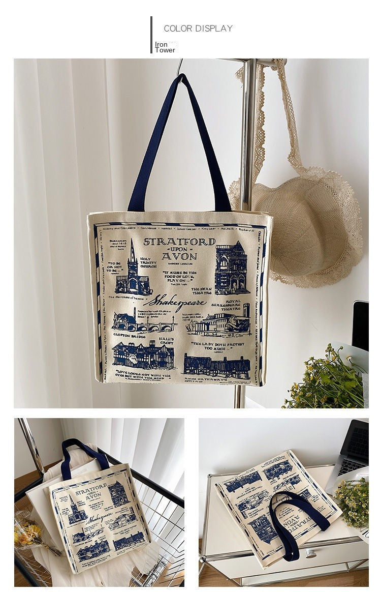 Canvas Women Handbags Shoulder Underarm Bag London Books Print Handbag Large Capacity Ladies Shopping Tote Bag Student Book Bags