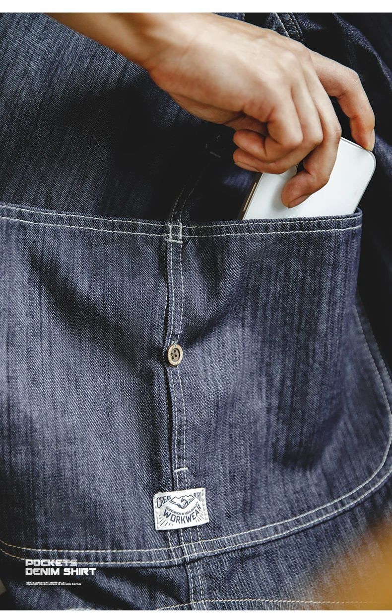 Maden Vintage Washed Pockets Denim Shirt for Men Casual Button Down Long Sleeve Shirt Male Loose Workwear Tops Large Pocket