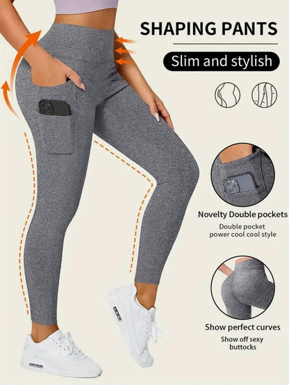 Solid Color Yoga Pants With Pocket, High Stretch Stretch Running Fitness Sports Leggings, Women's Activewear