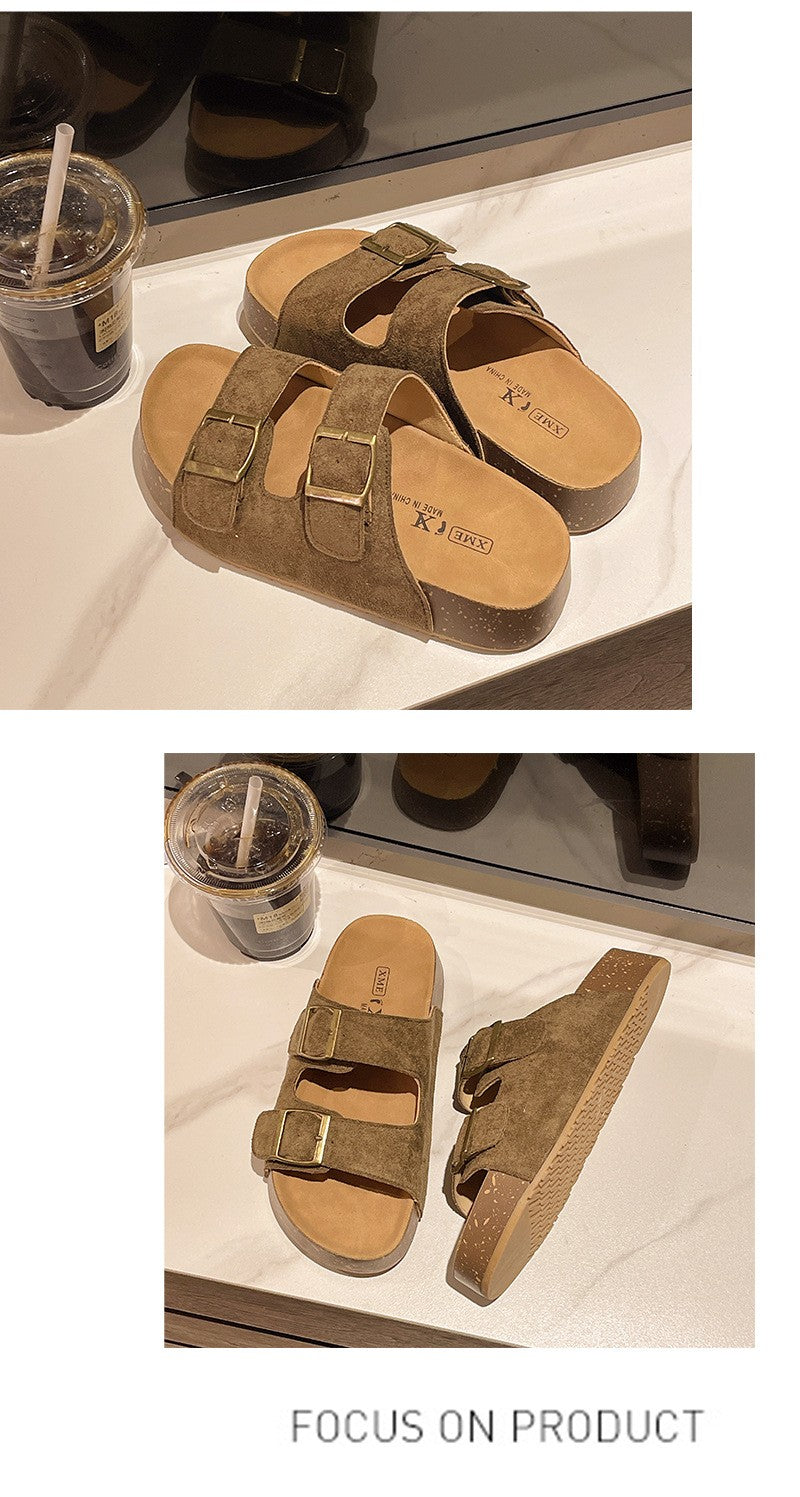 Bebealy Women's Sandals Soft-soled Platform Sandals Double Buckle Roman-style Belt-buckle Slippers Popular Slip-on Flat Slippers