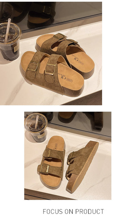 Bebealy Women's Sandals Soft-soled Platform Sandals Double Buckle Roman-style Belt-buckle Slippers Popular Slip-on Flat Slippers