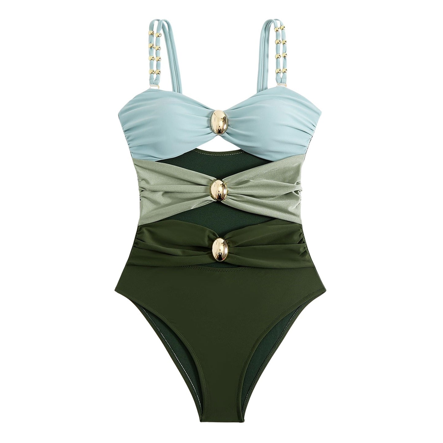High Quality One Piece Swimsuit Golden Buckle Color Block Stitching Push Up Women Bikini Set Slimming Bathing Suit Beach Wear