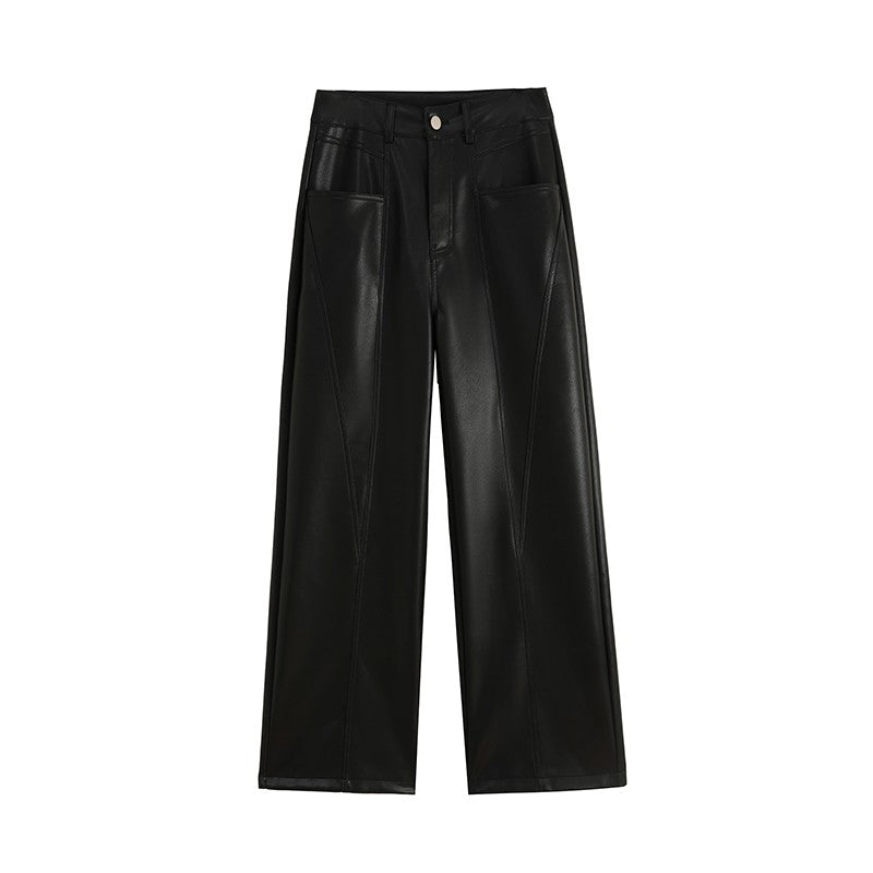 2025 New High Waist Vintage Black Women's PU Leather Wide-Leg Pants Loose Straight Retro Casual Floor-Length Pant Autumn Winter