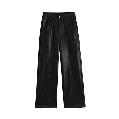 2025 New High Waist Vintage Black Women's PU Leather Wide-Leg Pants Loose Straight Retro Casual Floor-Length Pant Autumn Winter