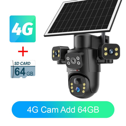 LS VISION 4G / WiFi Solar Camera 3Lenses Outdoor 15MP 4K Low Power Battery IP Camera PIR Night Vision V380 Pro CCTV Security