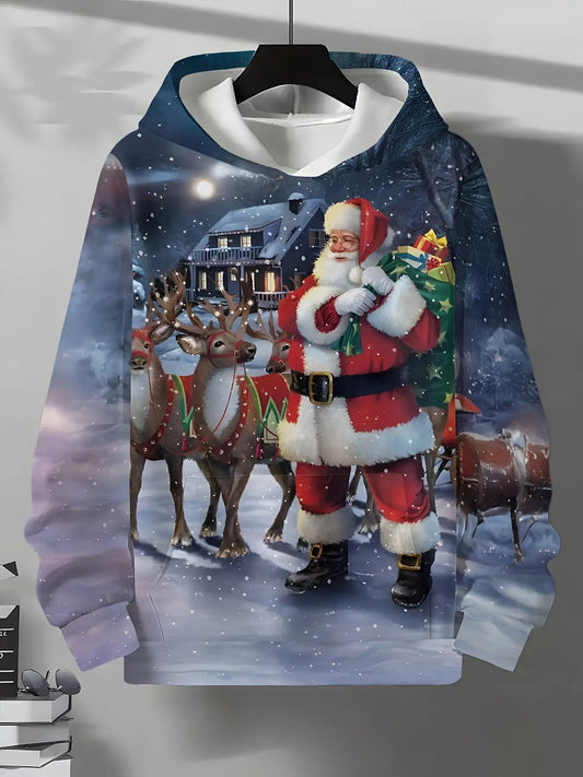 Ultimate Christmas Vibe | Men's Casual Hooded Sweatshirt for Autumn | Santa & Reindeer Design| For Party & Daily Wear