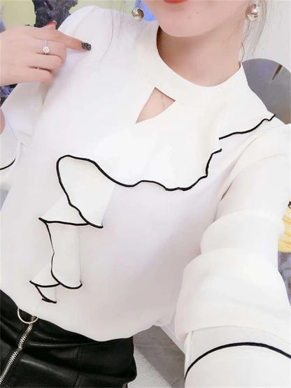 Women Spring Summer Style Chiffon Blouses Shirts Lady Casual Long Sleeve Ruffles Decor Stand Collar Chiffon Blusas Tops