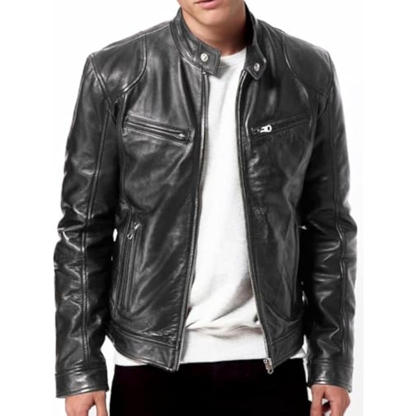 Men's Retro True Brown Motorcycle Jacket New High Quality Men's Casual Coat Men's Black Genuine Lambskin Leather Biker Jacket