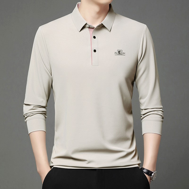 New Men's Business Casual Long Sleeved Shirt with Badge Solid Color Polo Shirt Fashionable Breathable Comfortable Versatile Top