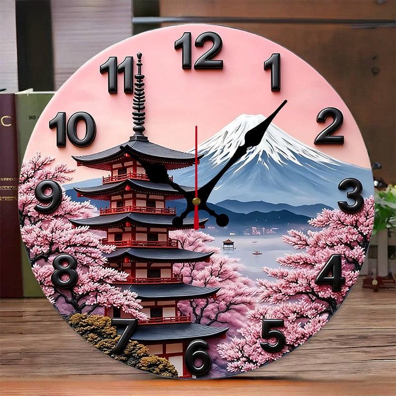 Mount Fuji Design Wooden Round Silent Hanging Wall Clock, Suitable For Living Room, Office, Study Room, Bedroom, Home Decoration