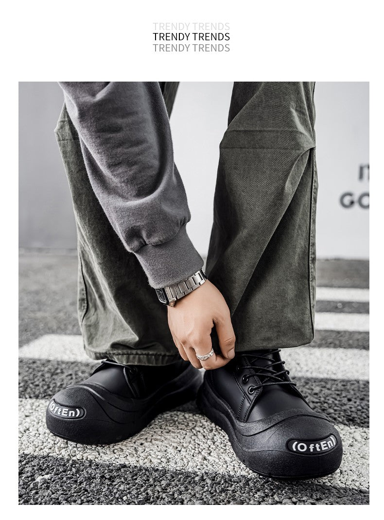 Large-size Autumn High-top Versatile Black Shoes, Men's Outdoor Anti-slip and Wear-resistant Casual Leather Boots