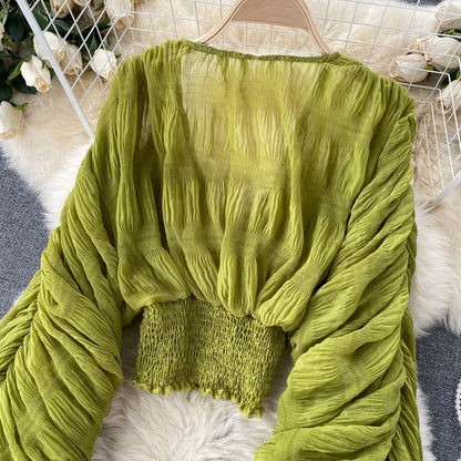 Summer Sexy Draped Chiffon Blouse For Women Elegant V-Neck Puff Long Sleeve Short Tops Female Slim Party Shirts 2022 New Fashion