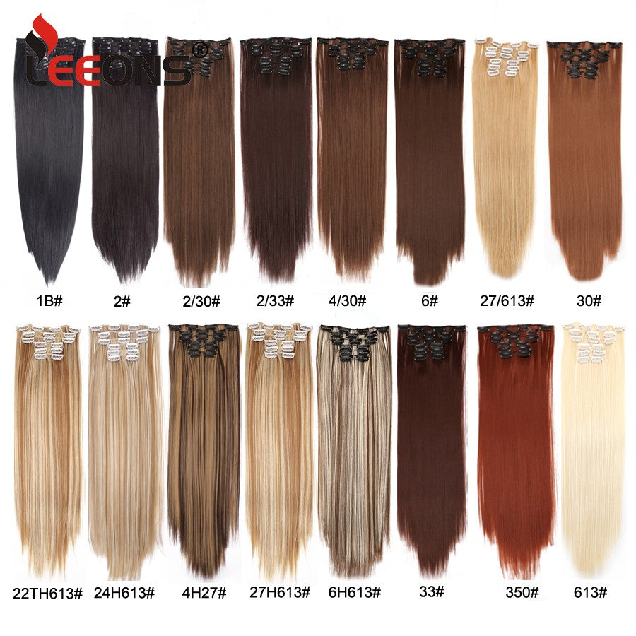22 Polegadas Sintético Cabelo Liso Longo 16 Clipes 6 Peças/Conjunto Apliques de Cabelo Loiro Preto Resistente ao Calor Para Mulheres