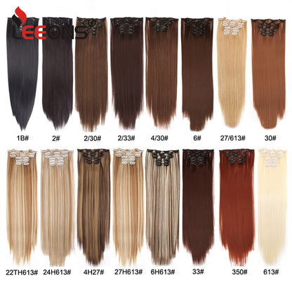 22 Polegadas Sintético Cabelo Liso Longo 16 Clipes 6 Peças/Conjunto Apliques de Cabelo Loiro Preto Resistente ao Calor Para Mulheres