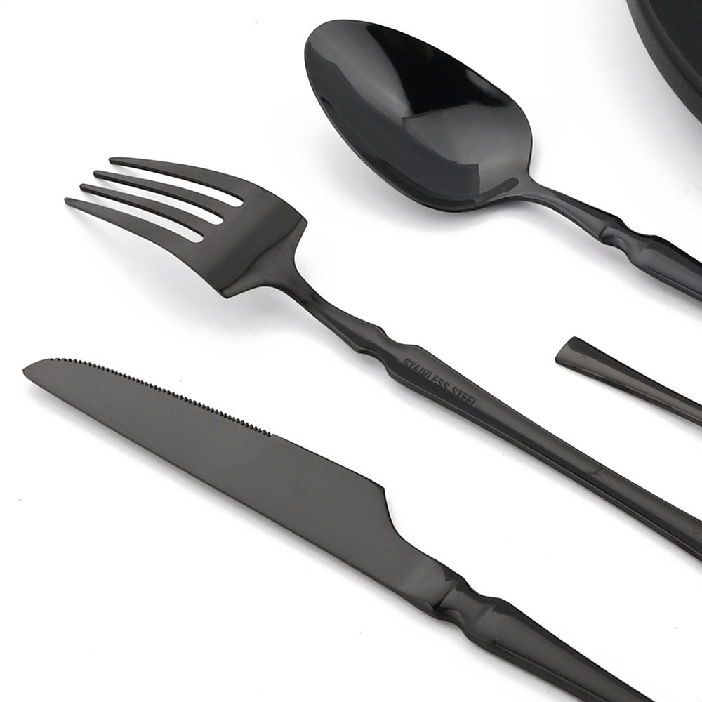 JANKNG 24 peças Conjunto de Talheres de Aço Inoxidável Louça Utensílios de Mesa Cozinha Alimentos Talheres Pretos Prata Brilhante Garfo Faca Colher