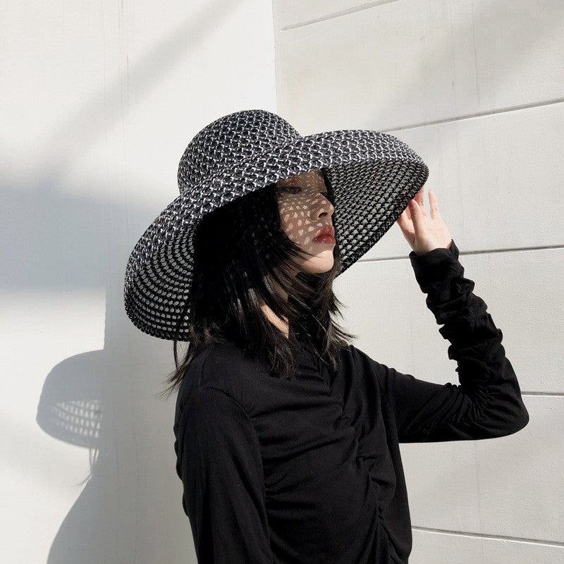 Chapéu de palha de verão PP preto e branco, chapéu de sol, protetor solar, férias, praia, abas largas, chapéu de sol de verão