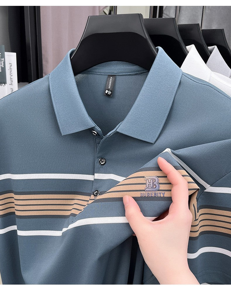 Advanced trend brand men's short sleeve polo shirt luxury striped summer breathable casual fashion letter embossed new T-shirt
