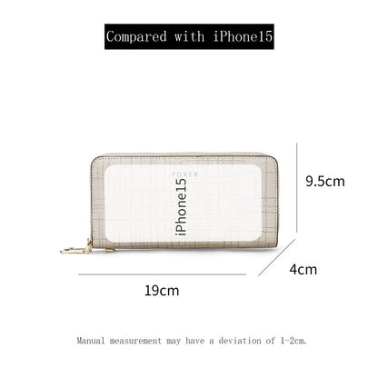 FOXER Split Leather Lady's Wallet Bifold Long Clutch Bag with Wristlet Fashion Card Holder Coin Purse Cellphone Money Bag