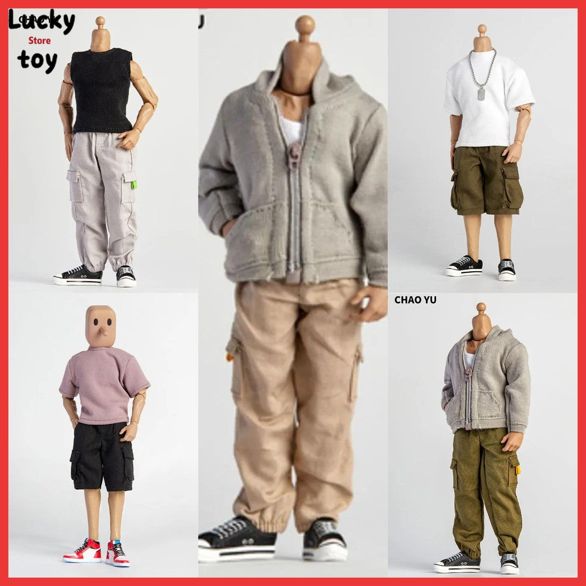 1/12 Scale Male Casual Zippered Hoodie Vest Pants Clothes Set Loose Short Sleeves T-Shirt Shorts Fit 6" Action Figures Body Doll