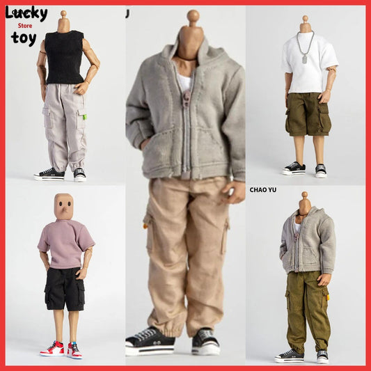 1/12 Scale Male Casual Zippered Hoodie Vest Pants Clothes Set Loose Short Sleeves T-Shirt Shorts Fit 6" Action Figures Body Doll