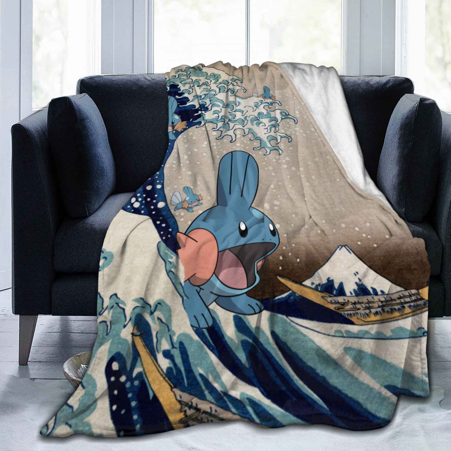 Pokemones Mudkip Wave Blanket Flannel All Season  Breathable Super Soft Throw Blanket for Home Couch Quilt