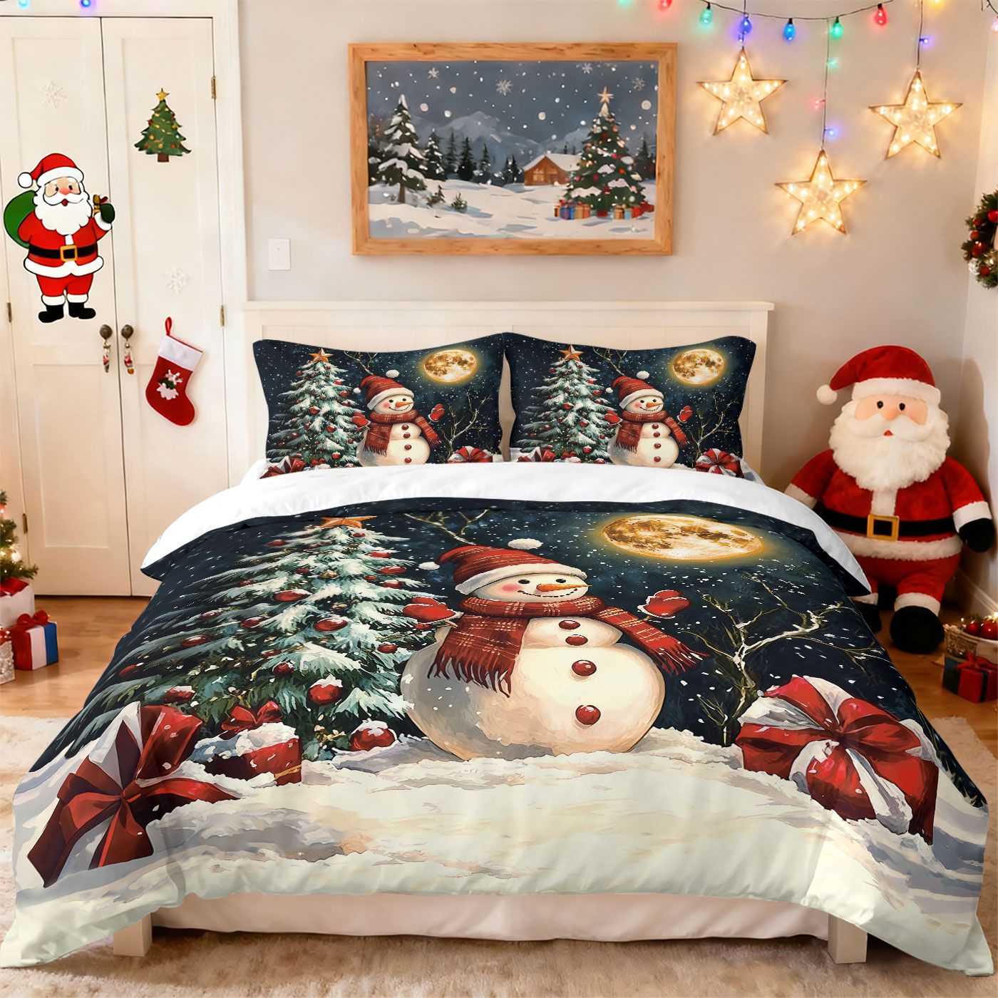 3pcs Christmas snowman reindeer red print coreless duvet set multi size bedroom bedding holiday decoration soft machine washable