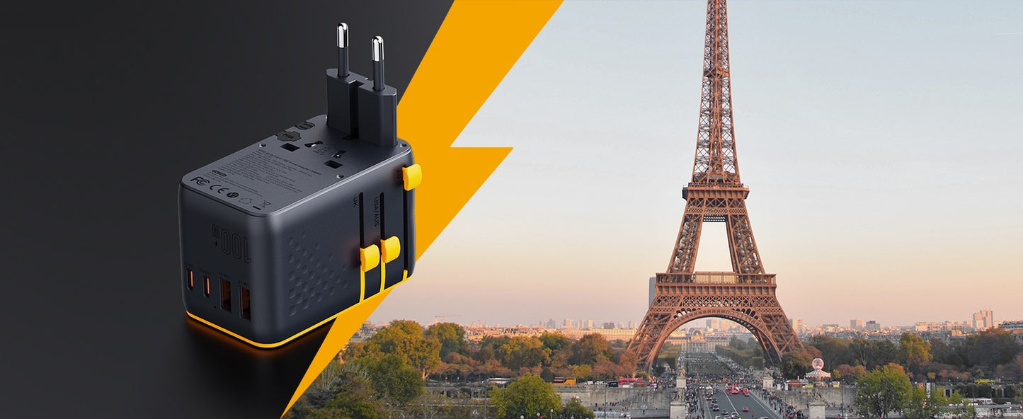Adaptador de Viagem Universal VOLTME PD 100W USB C Duplo + USB-A com Tomada AC Carregador de Celular Carregador PD para iPhone 16 15 Xiaomi