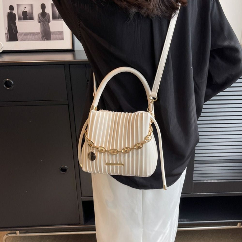 Unique Pleated Design Crossbody Bag Stylish Elegant Bucket Bag Chain Shoulder Messenger Bag Evening