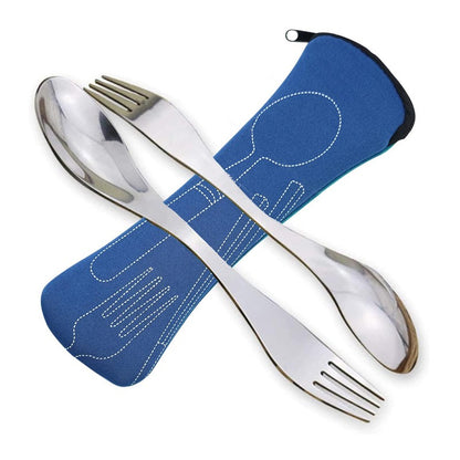 2 Peças Garfo-Colher de Aço Inoxidável 2 em 1 com Bolsa para Talheres Garfo-Colher Portátil para Acampamento Garfo-Colher Reutilizável Kit de Utensílios de Cozinha