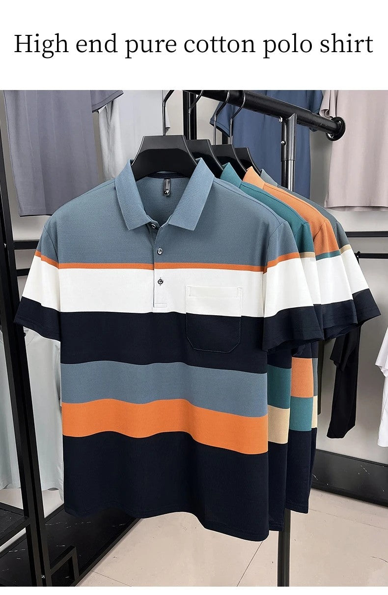 High-quality short sleeve polo shirt men fashion color striped pocket design summer new breathable trendy casual lapel T-shirt