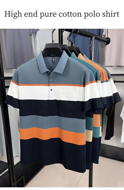 High-quality short sleeve polo shirt men fashion color striped pocket design summer new breathable trendy casual lapel T-shirt
