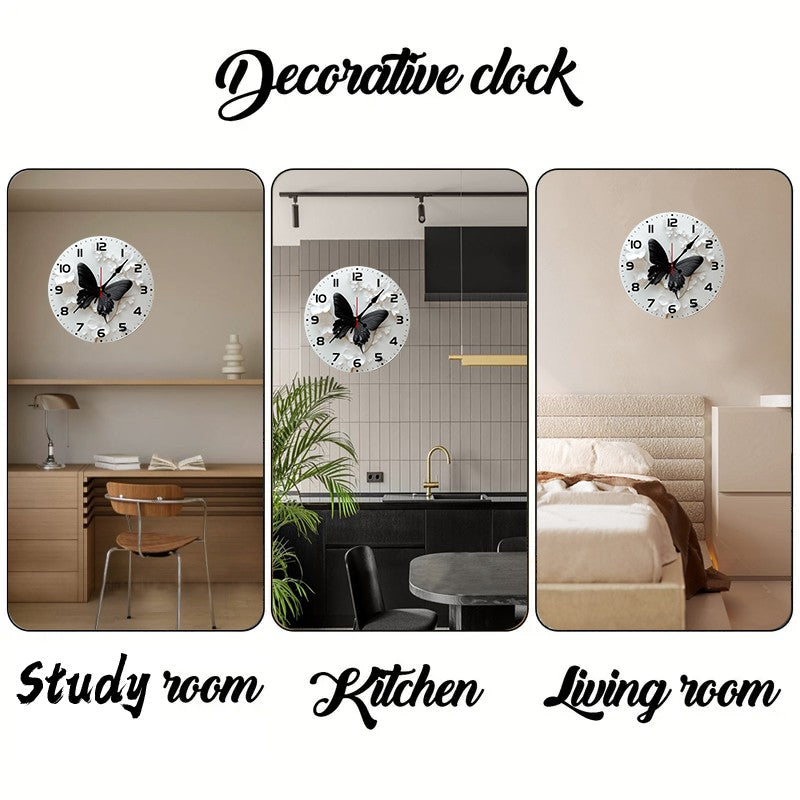 Black Butterfly Flower Wooden Round Silent Hanging Wall Clock,Suitable For Living Room,Office,Study Room,Bedroom,Home Decoration