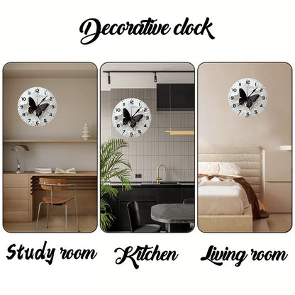 Black Butterfly Flower Wooden Round Silent Hanging Wall Clock,Suitable For Living Room,Office,Study Room,Bedroom,Home Decoration