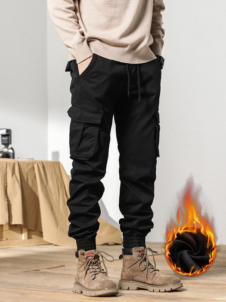 2023 New Multi-Pockets Winter Cargo Pants Men Fleece Liner Thick Warm Slim Fit Joggers Streetwear Casual Cotton Thermal Trousers