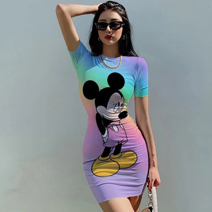 Women's Dress Casual Disney Cartoon Fashion Print Mickey 3XL Elegant Dresses for Women 2024 Top Sexy Slim Fit Minnie Mouse Tight