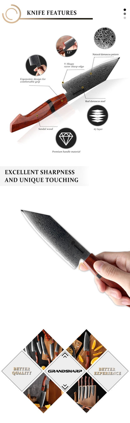Faca Bunka Grandsharp 5.5'' Damasco 67 Camadas Aço 10Cr15C0Mov Para Cortar Vegetais Frutas Facas de Cozinha com Cabo de Sândalo