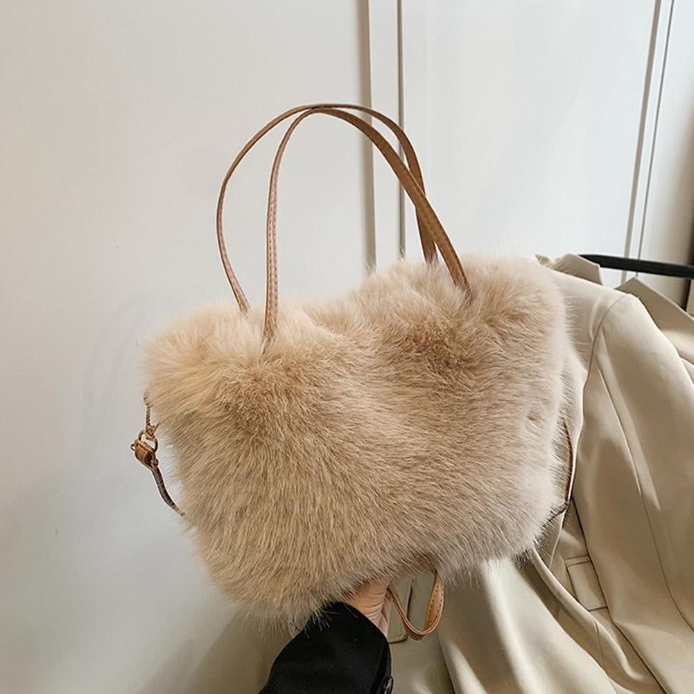 Faux Fur Tote Bag Women's Bucket Plush Light Luxury Ladies Handbags Soft Winter Crossbody Shoulder Bags