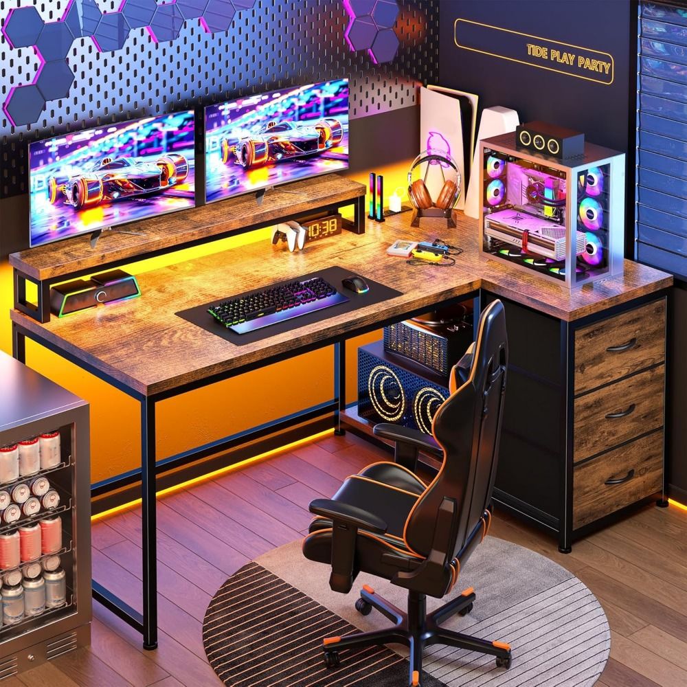 Mesa Gamer em L com Luzes de LED e Tomada, Mesa de Canto de 122 cm com Gavetas, Mesa de Escritório Reversível com Monit