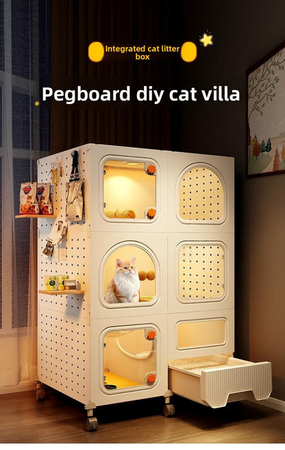 Gaiola Compacta para Gatos com Banheiro Tudo-em-Um Casa de Gatos Interna para Pequenos Espaços Mansão de Gatos com Economia de Espaço Placa de Caverna DIY Vila para Gatos