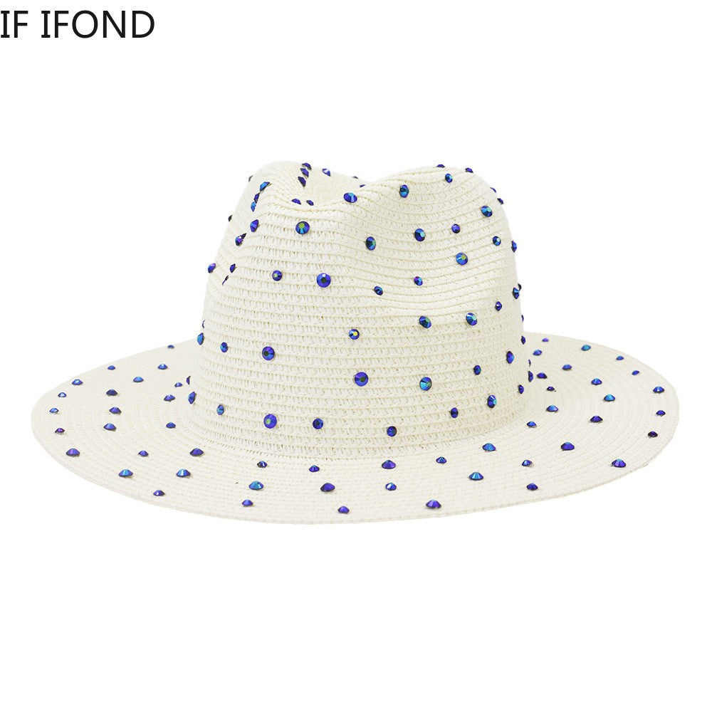 Hand made Diamond Straw Hat For Women's Summer Wide side Jazz Dress Cap Holiday Sun Protection Beach Hats