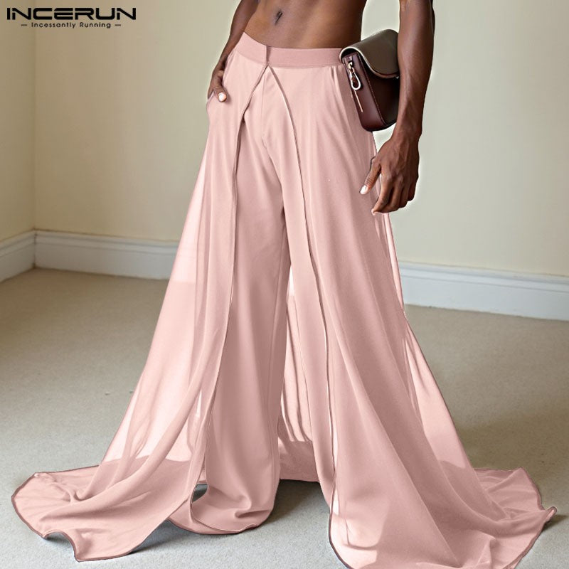 INCERUN Men's Pants Patchwork Elastic Waist Loose Casual Long Trousers Men Streetwear 2025 Fashion Male Irregular Pants S-5XL